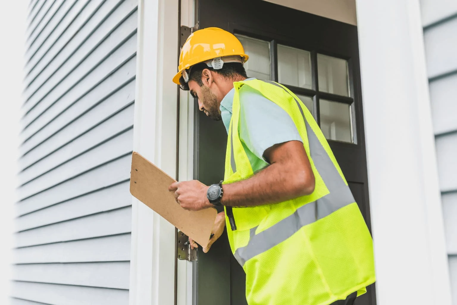 Home inspector checking house foundation with checklist